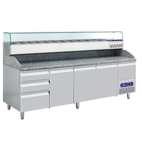 Diamond Comptoir Réfrégirateur | 3 portes 600x400 | 3 tiroirs neutres + tiroir ustensiles | 249x72x109cm | Plan de travail marbré