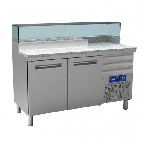 Diamond Comptoir Réfrégirateur pizzeria | INOX | 2 portes EN 600x400 | 3 tiroirs neutres EN 600x400 | structure Réfrigérée 6x GN 1/4 | 400W/230V | 1590x700x880/900-1200(h)mm