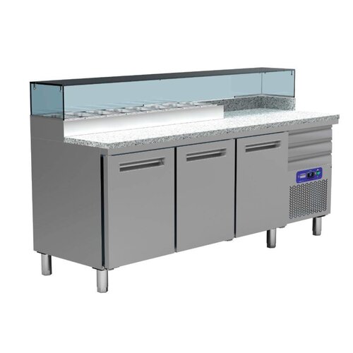 Diamond Comptoir Réfrégirateur pizzeria | INOX | 3 portes EN 600x400 | 3 tiroirs neutres EN 600x400 | structure Réfrigérée 6x GN 1/4n | 400W/230V | 2110x700x880/900-1200(h)mm Diamond Comptoir Réfrégirateur pizzeria | INOX | 3 portes EN 600x400 | 3 tiroirs neutres EN 600x400 | structure Réfrigérée 6x GN 1/4n | 400W/230V | 2110x700x880/900-1200(h)mm