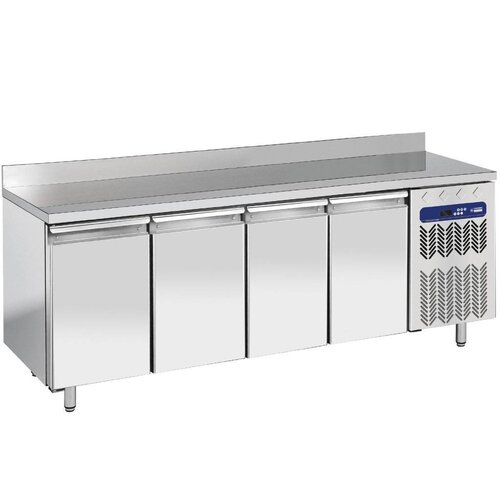 Diamond Comptoir Réfrigérée Ventilée | INOX | 2 températures | Mural | 2256x700x(h)880/900mm | 4 portes GN 1/1 | 550 Litres |  couvercle anti-éclaboussure |