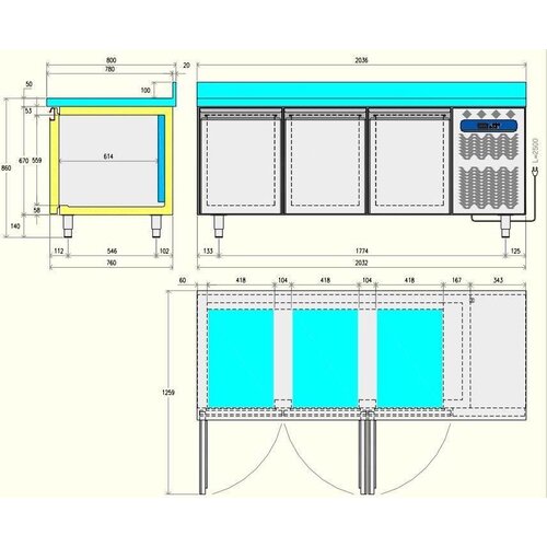 Diamond Comptoir Réfrigérée Ventilée | 3 portes EN 600x400 | Top en granit  | 2036x800x(h)900mm