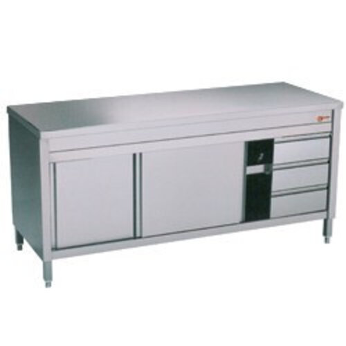Diamond Comptoir Armoire neutre | INOX | 2 portes coulissantes | 3 tiroirs à droite | 1600x700x(h)900mm