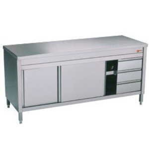 Diamond Comptoir Armoire neutre | INOX | 2 portes coulissantes | 3 tiroirs à droite | 2000x700x(h)900mm