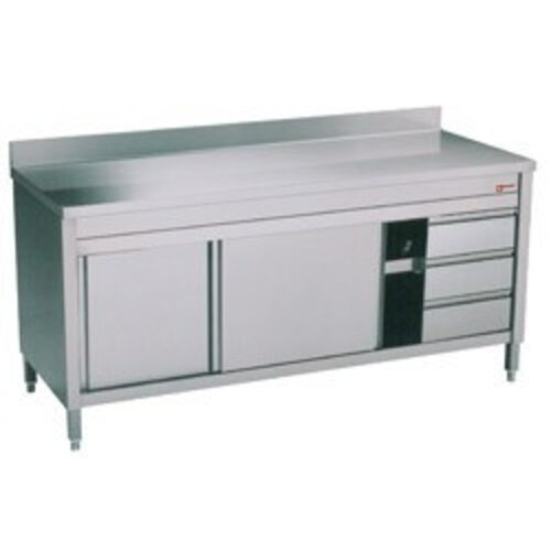 Diamond Comptoir Armoire neutre | INOX | 2 portes coulissantes | couvercle anti-éclaboussure | 3 tiroirs à droite | 2000x700x(h)900mm