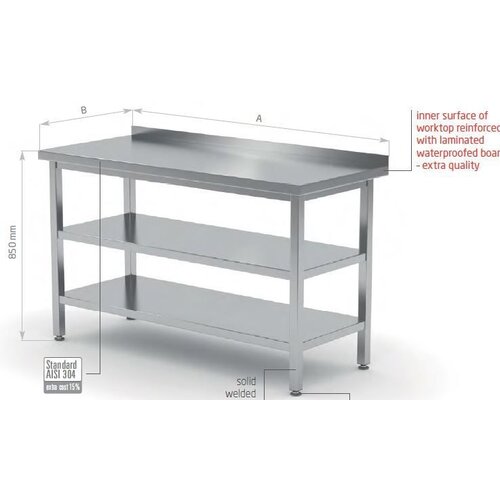 CHRselect Table de Travail | INOX | Etagère Basse | avec Etagère | Rebord | 400(l)x700(p)mm | Choix de 16 Largeurs