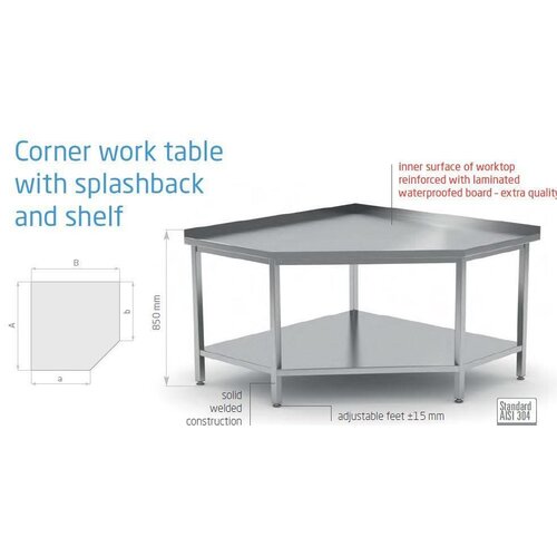 CHRselect Table de Travail d'Angle | INOX | Etagère Basse | Rebord | (l)700-1000mm | 600-700mm(p)