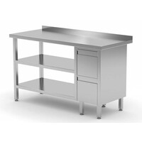 Table de Travail | INOX | 2 Tiroirs | 2x Etagère Basse | Rebord | 800(l)x700(p)mm | Choix de 12 Largeurs