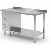 Table de Travail | INOX | 3 Tiroirs (Gauche) | Etagère Basse | Rebord | 800(l)x700(p)mm | Choix de 12 Largeurs
