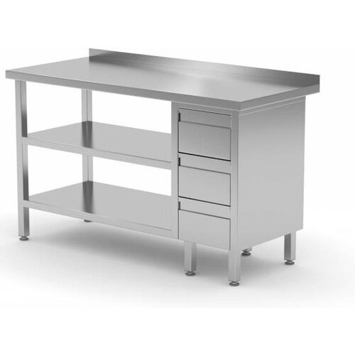 CHRselect Table de Travail | INOX | 3 Tiroirs | 2x Etagère Basse | Rebord | 800(l)x700(p)mm | Choix de 12 Largeurs