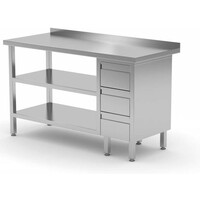 Table de Travail | INOX | 3 Tiroirs | 2x Etagère Basse | Rebord | 800(l)x700(p)mm | Choix de 12 Largeurs