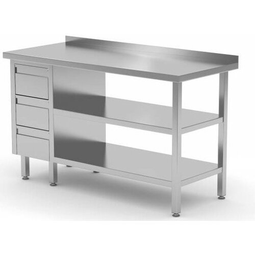 CHRselect Table de Travail | INOX | 3 Tiroirs | 2x Etagère Basse | Rebord | 800(l)x700(p)mm | Choix de 12 Largeurs