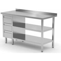 Table de Travail | INOX | 3 Tiroirs | 2x Etagère Basse | Rebord | 800(l)x700(p)mm | Choix de 12 Largeurs