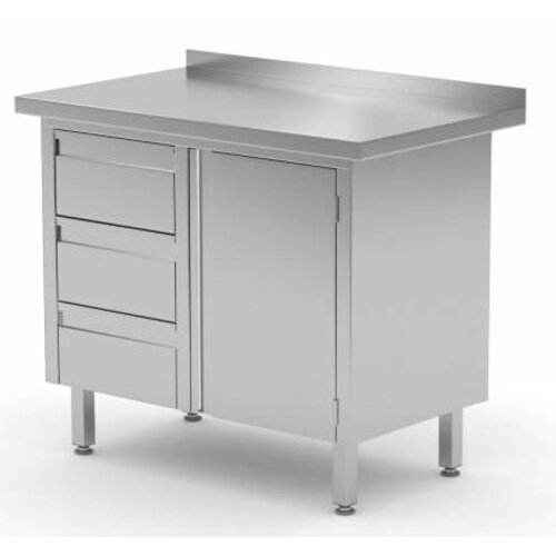 CHRselect Meuble INOX | 3 Tiroirs (Gauche) | Porte Battante | Rebord | 830(l)x700(p)mm | Choix de 3 Largeurs