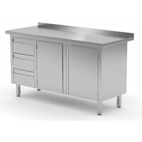 Meuble INOX | 3 Tiroirs (Gauche) | 2 Portes Battantes | Rebord | 1100(l)x700(p)mm | Choix de 9 Largeurs