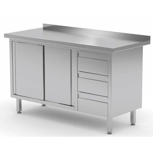 CHRselect Meuble INOX | 3 Tiroirs (Droite) | 2 Portes Coulissantes | Rebord | 1200(l)x600(p)mm | Choix de 8 Largeurs