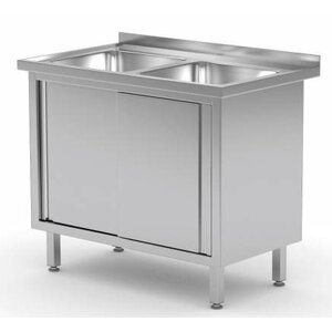 CHRselect Table Evier | INOX | 2 Eviers 400x400x250(h) | 2 Portes Coulissantes | Rebord | (l)1000mm | 600mm(p)