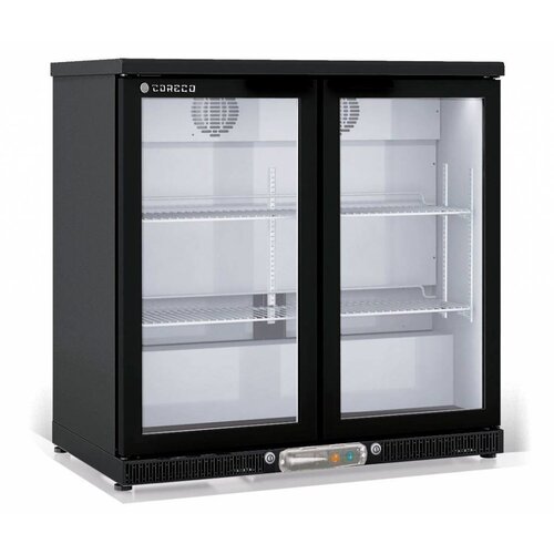 Coreco Frigo Bar | 2 Portes | Noir | Porte en Verre | 2 Niveaux réglables | 200 Litres | 92,5x52x(H)90cm
