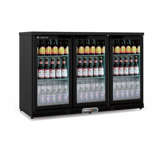 Coreco Frigo Bar | 3 Portes | Noir | Porte en Verre | 2 Niveaux réglables | 305 Litres | 137,5x52x(H)90cm Coreco Frigo Bar | 3 Portes | Noir | Porte en Verre | 2 Niveaux réglables | 305 Litres | 137,5x52x(H)90cm