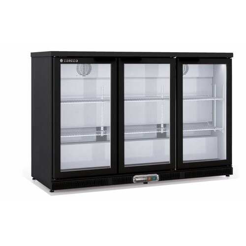 Coreco Frigo Bar | 3 Portes | Noir | Porte en Verre | 2 Niveaux réglables | 305 Litres | 137,5x52x(H)90cm