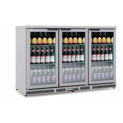 Coreco Frigo Bar | 3 Portes | INOX | Porte en Verre | 2 Niveaux réglables | 305 Litres | 137,5x52x(H)90cm Coreco Frigo Bar | 3 Portes | INOX | Porte en Verre | 2 Niveaux réglables | 305 Litres | 137,5x52x(H)90cm