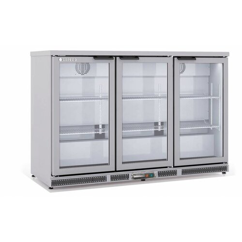 Coreco Frigo Bar | 3 Portes | INOX | Porte en Verre | 2 Niveaux réglables | 305 Litres | 137,5x52x(H)90cm
