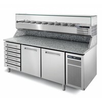 Comptoir Pizza | INOX  | 2 Portes + Tiroirs  | PIZZASPRING 821 I | Af| INOX | 200,5x80x(H)104cm