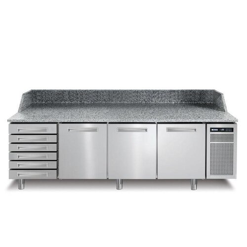 Afinox Comptoir Pizza | INOX | 3 Portes + Tiroirs | PIZZASPRING 831 I | Af| INOX | 256x80x(H)104cm