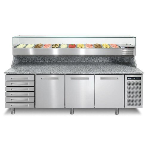 Afinox Comptoir Pizza | INOX | 3 Portes + Tiroirs  | PIZZASPRING 831 I | Af| INOX | 256x80x(H)104cm