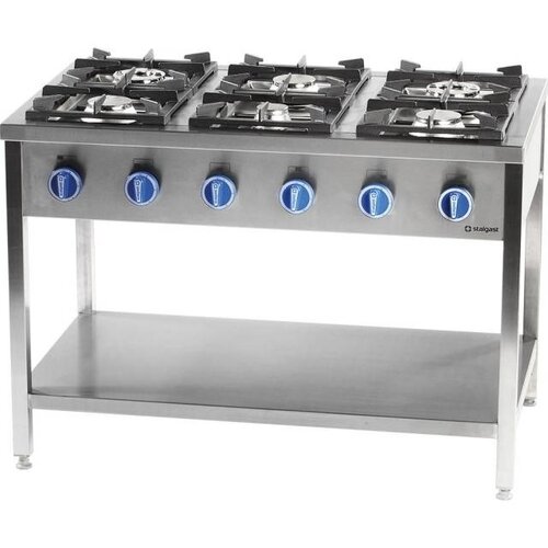 Stalgast Cuisinière à Gaz | 6 Brûleurs | avec Etagère | 1200x700x(h)850mm | 32,5 kW | G30