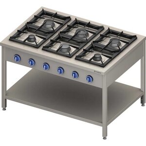 Stalgast Cuisinière à Gaz | 6 Brûleurs | avec Etagère | 1300x900x(h)850mm | 36,5 kW | G30