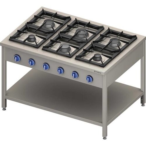 Stalgast Cuisinière à Gaz | 6 Brûleurs | avec Etagère | 1300x900x(h)850mm | 36,5 kW | G30