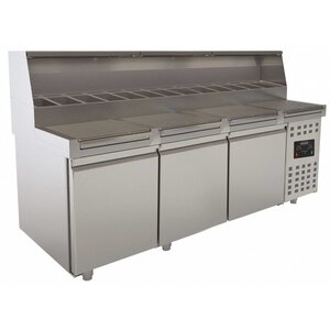 Combisteel Table de Préparation pour Pizza | 3 Portes | avec Vitrine | 720 Litres | 2230x830x(H)1360mm
