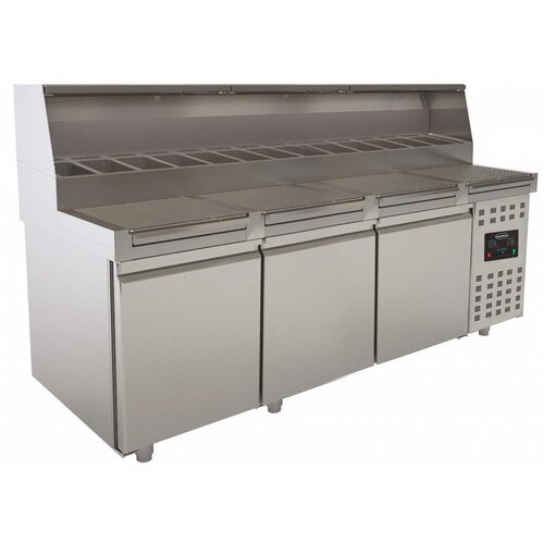 Combisteel Table de Préparation pour Pizza | 3 Portes | avec Vitrine | 720 Litres | 2230x830x(H)1360mm