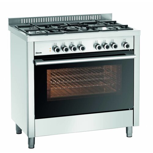 Bartscher Cuisinière à Gaz | avec Four Electrique | 11,3 kW | 5 Zones de Cuisson | 900x600x(H)900mm