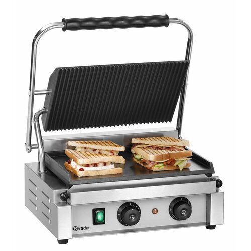 Bartscher Grill Contact Panini-T | Lisse/Rainuré | Fonte Emaillé | 2,2 kW | 410x400x(H)200mm Bartscher Grill Contact Panini-T | Lisse/Rainuré | Fonte Emaillé | 2,2 kW | 410x400x(H)200mm