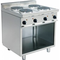 Cuisinière Electrique | 4 Plaques | Soubassement Ouvert | 4 x 2,6 KW | Inox | 400V | 800x700x(h)850mm