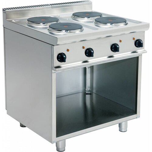 Saro Cuisinière Electrique | 4 Plaques | Soubassement Ouvert | 4 x 2,6 KW | Inox | 400V | 800x700x(h)850mm