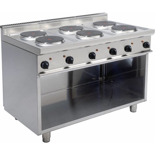 Saro Cuisinière Electrique | 6 Plaques | Soubassement Ouvert | 6 x 2,6 KW | Inox | 400V | 1200x700x(h)850 mm