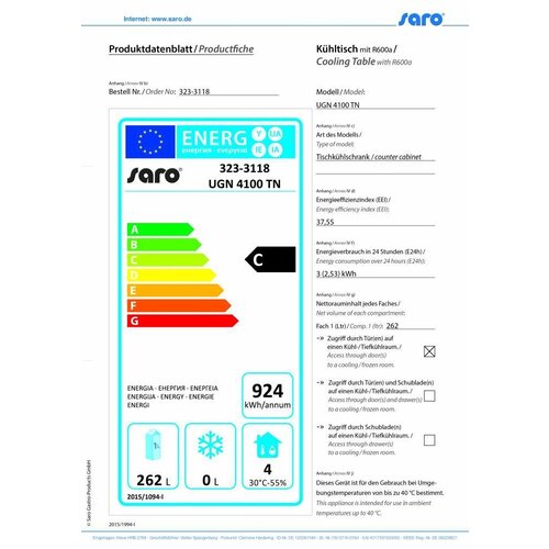 Saro Comptoir Réfrigéré Ventilé | 4 Portes | 420L | 2230x700x650(h)mm