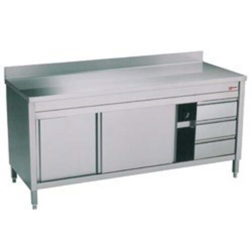 Diamond Armoire 2 Portes Coulissantes | Inox | Rebord Arrière | 3 Tiroirs | 1600x700x(h)900mm