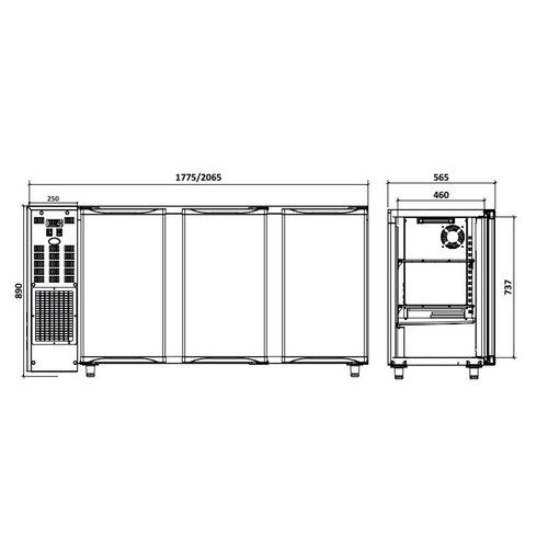 Diamond Arrière Bar | 3 Portes | Inox |  579 Litres  | 2065x565x(h)890/905mm
