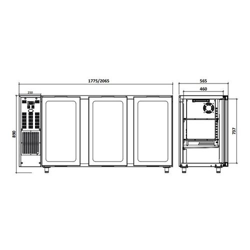 Diamond Arrière Bar | 3 Portes Vitrées| Inox |  579 Litres  | 2065x565x(h)890/905mm