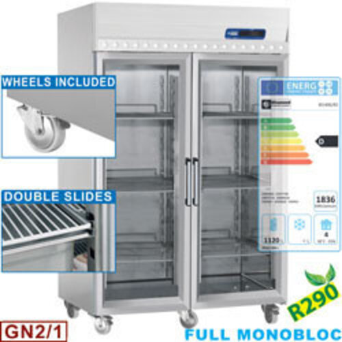 Diamond Réfrigérateur |Gastro Line PLUS | Ventilé | 1400 Litres | 2 Portes en Verre | sur Roues | 1440x850x(h)2070mm