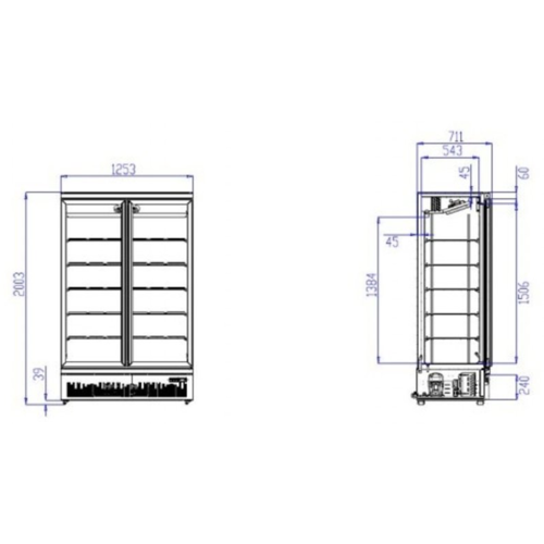 Combisteel Congélateur Noir | 2 Portes en Verre | 1000 Litres | Sur Roues | 1253x710x (H)1997mm