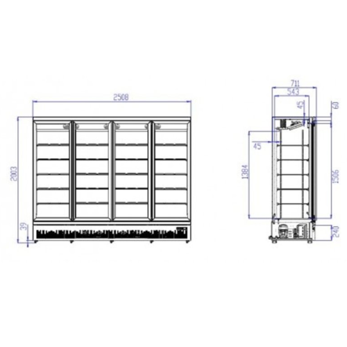 Combisteel Réfrigérateur Noir | 4 Portes en Verre | 2025 Litres | Sur Roues | 2508x710x (H)1997mm