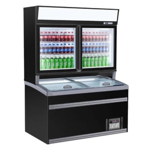 Combisteel Réfrigérateur Libre Service Haut | Congélateur bas |Noir | 2 Portes Vitrées | 1454x890x(H)2000mm