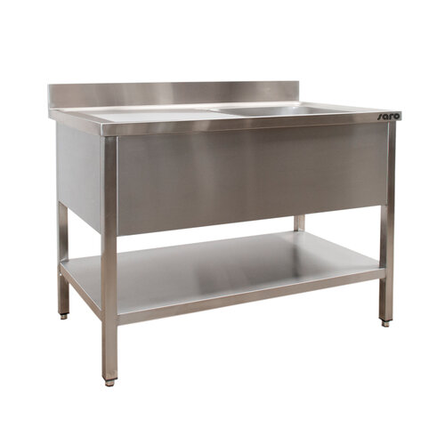 Saro Table de Rinçage + Etagère Basse Inox | Rebord | Evier à gauche| Modèle soudé | 600mm de Profondeur | Disponible en 6 Longueurs