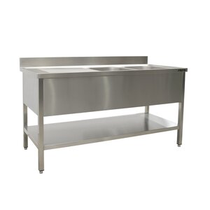 Saro Table de Rinçage + Etagère Basse Inox | Rebord | 2 Eviers à droite | Modèle soudé | 600mm de Profondeur | Disponible en 5 Longueurs