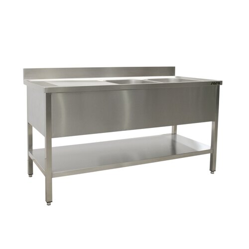 Saro Table de Rinçage + Etagère Basse Inox | Rebord | 2 Eviers à droite | Modèle soudé | 600mm de Profondeur | Disponible en 5 Longueurs