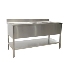 Saro Table de Rinçage + Etagère Basse Inox | Rebord | 2 Eviers à gauche| Modèle soudé | 700mm de Profondeur | Disponible en 5 Longueurs
